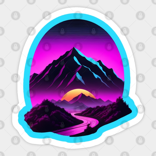 Synthwave vaporwave mountains with sun Sticker by Spaceboyishere